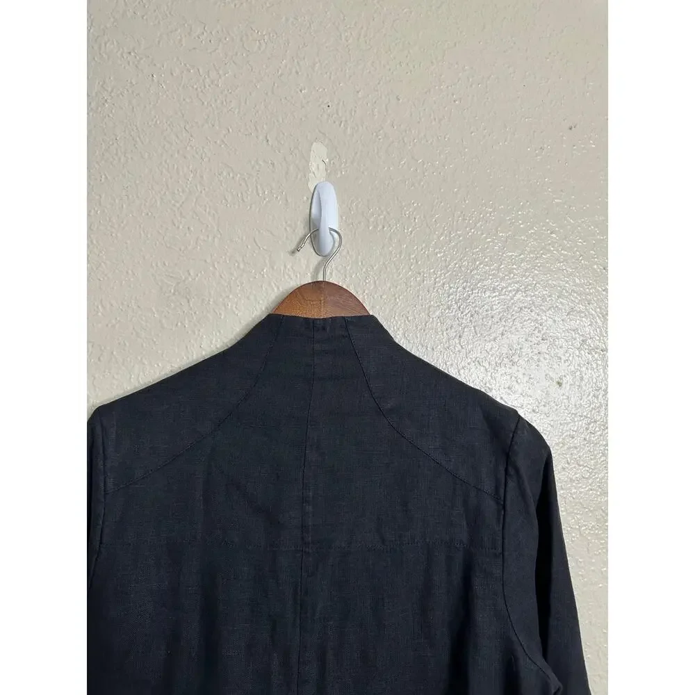 Black Ficus Linen Trench Almond in Black Mens S Longline Duster Open Front